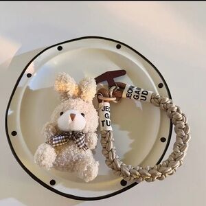 Trending Beige Bunny bag charm with Braided Strap